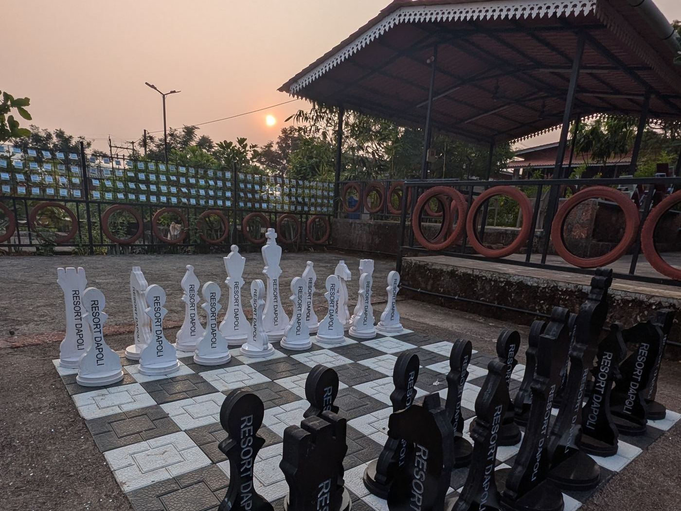 Life size chess board at Resort Dapoli at sunset